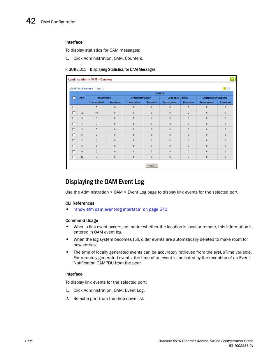 Displaying the oam event log, Figure 311 dis | Brocade Communications Systems Brocate Ethernet Access Switch 6910 User Manual | Page 1056 / 1200