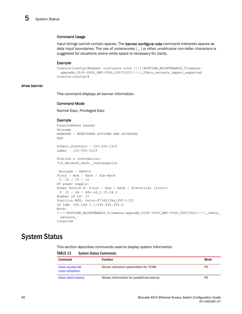 Show banner, System status, Table 13 | Brocade Communications Systems Brocate Ethernet Access Switch 6910 User Manual | Page 106 / 1200