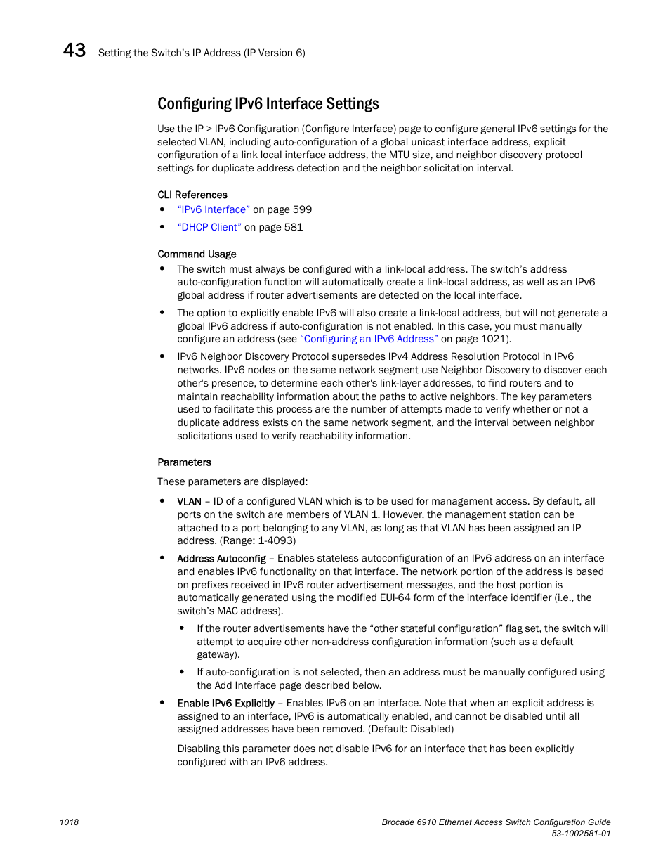 Configuring ipv6 interface settings | Brocade Communications Systems Brocate Ethernet Access Switch 6910 User Manual | Page 1068 / 1200