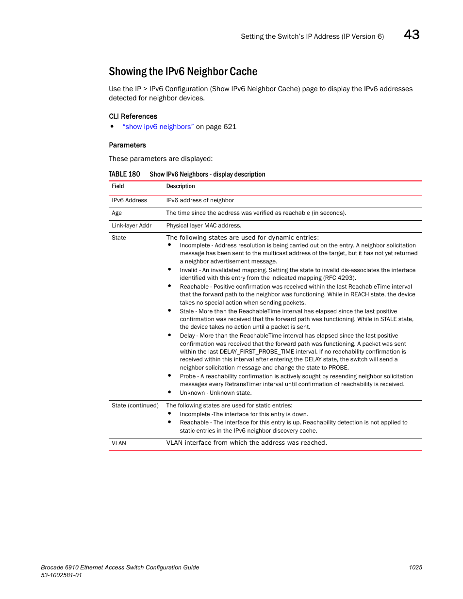 Showing the ipv6 neighbor cache, Table 180 | Brocade Communications Systems Brocate Ethernet Access Switch 6910 User Manual | Page 1075 / 1200