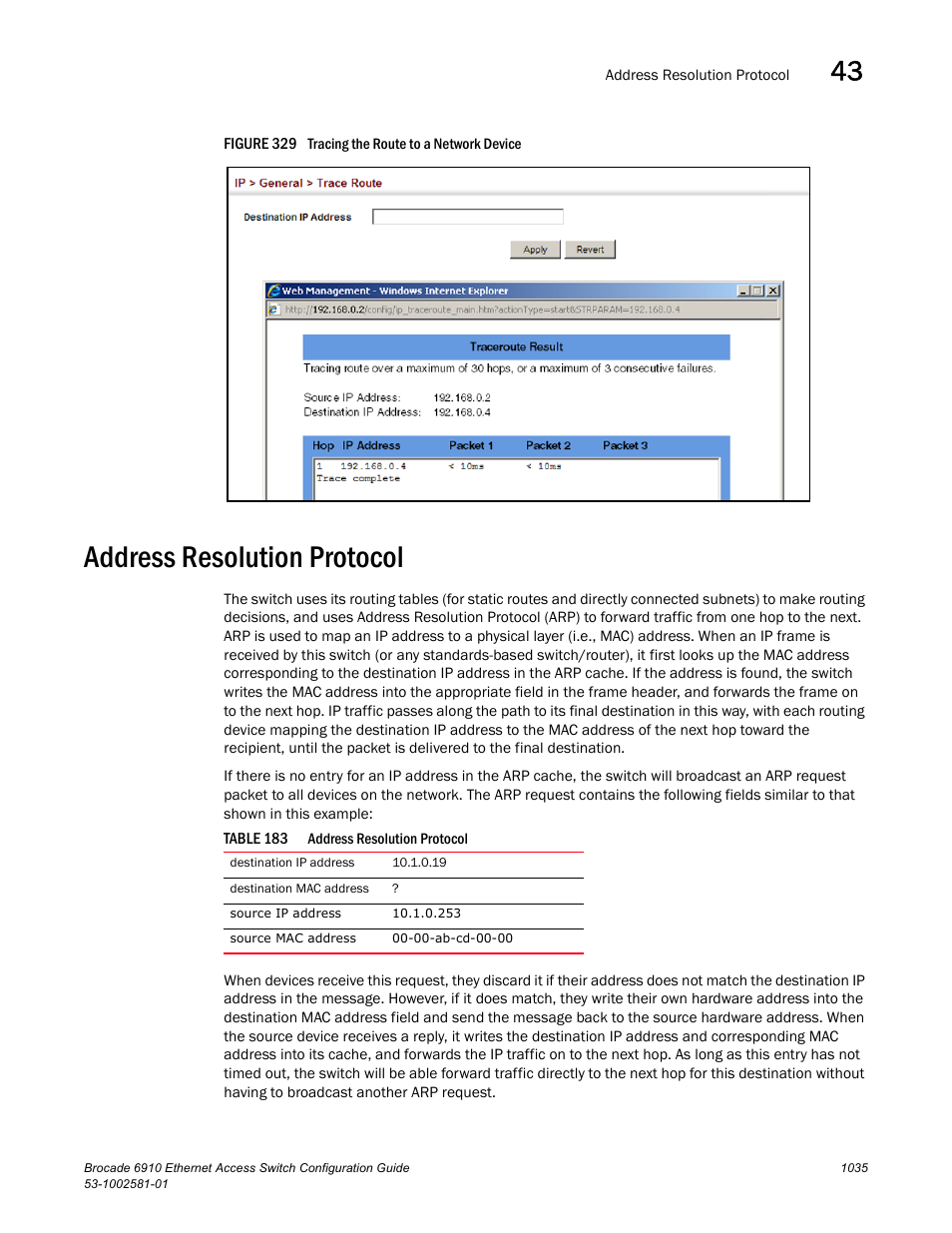 Address resolution protocol, Figure 329 t, Table 183 | Ddress resolution protocol | Brocade Communications Systems Brocate Ethernet Access Switch 6910 User Manual | Page 1085 / 1200
