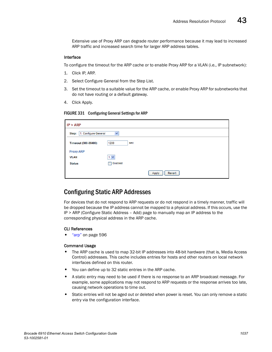 Configuring static arp addresses, Figure 331 confi | Brocade Communications Systems Brocate Ethernet Access Switch 6910 User Manual | Page 1087 / 1200