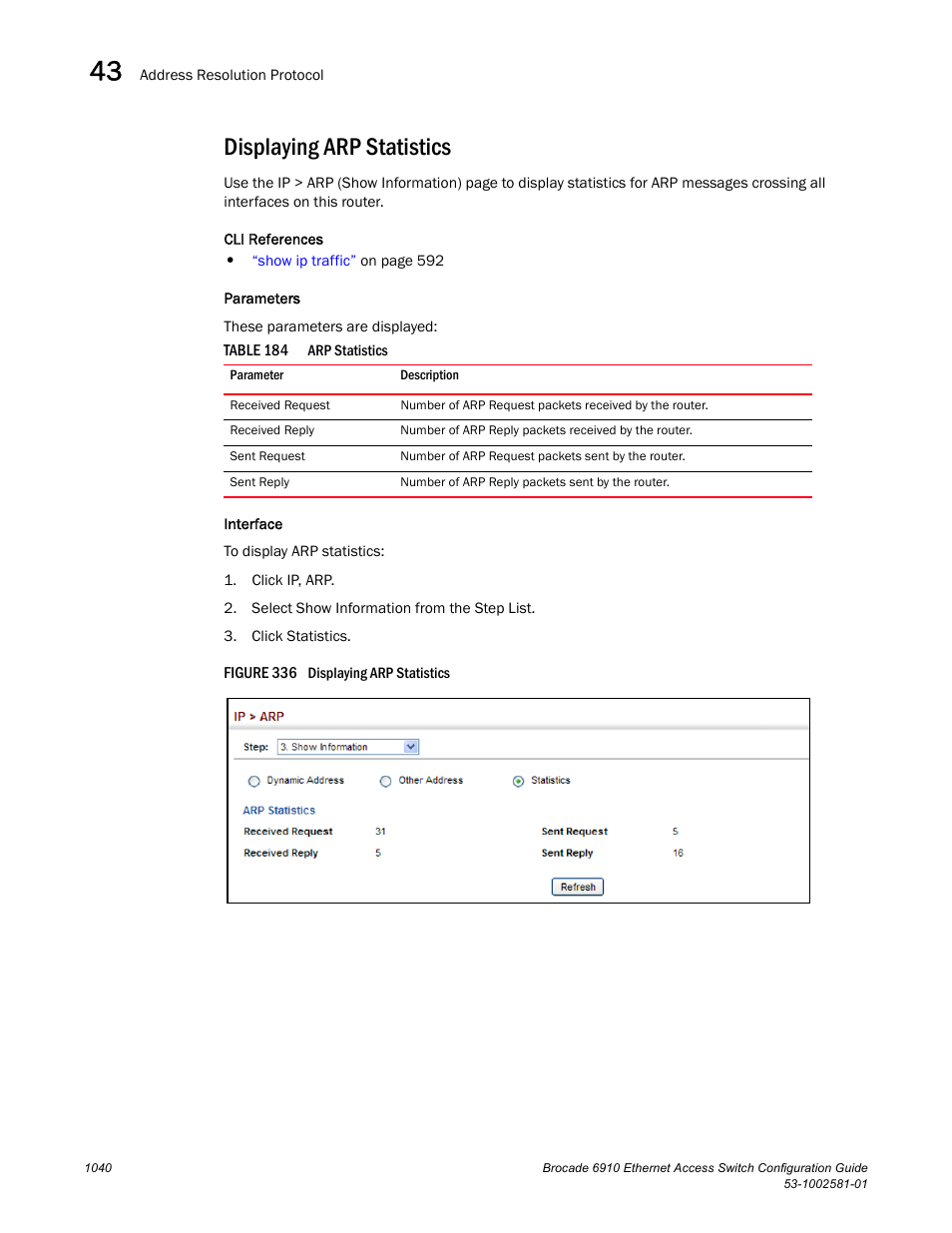 Displaying arp statistics, Figure 336 dis, Table 184 | Brocade Communications Systems Brocate Ethernet Access Switch 6910 User Manual | Page 1090 / 1200