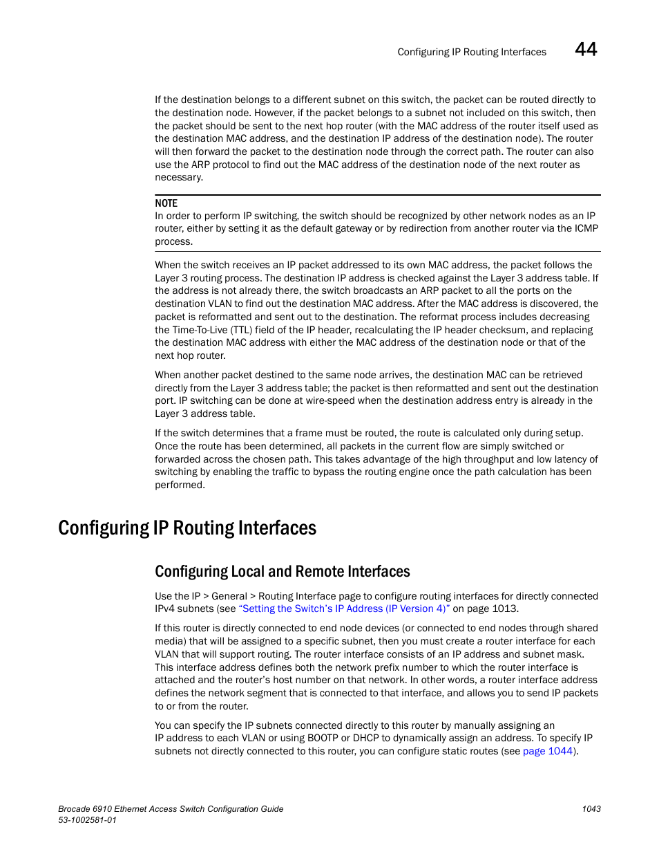 Configuring ip routing interfaces, Configuring local and remote interfaces | Brocade Communications Systems Brocate Ethernet Access Switch 6910 User Manual | Page 1093 / 1200