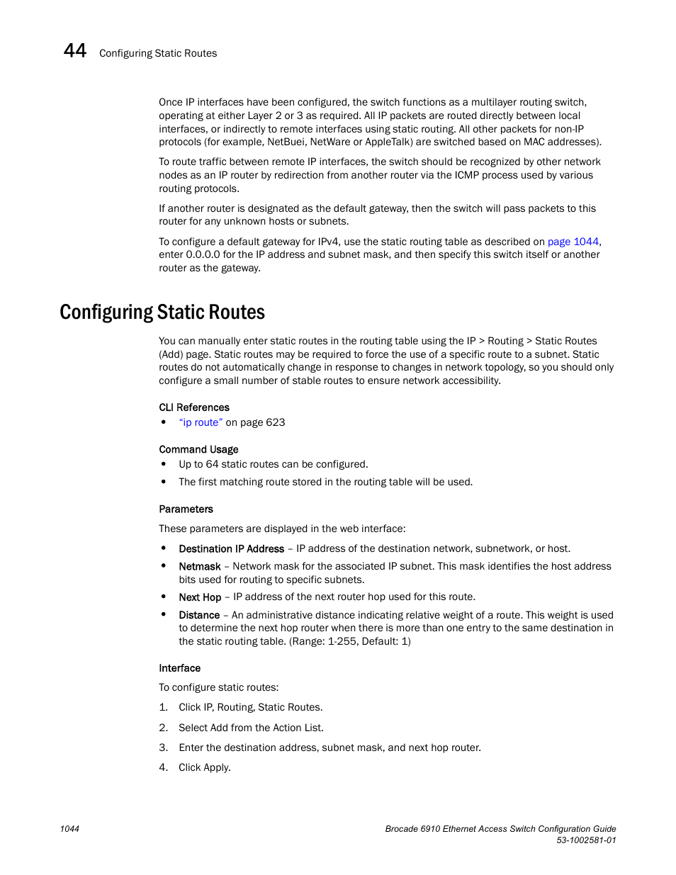 Configuring static routes, Static routes | Brocade Communications Systems Brocate Ethernet Access Switch 6910 User Manual | Page 1094 / 1200