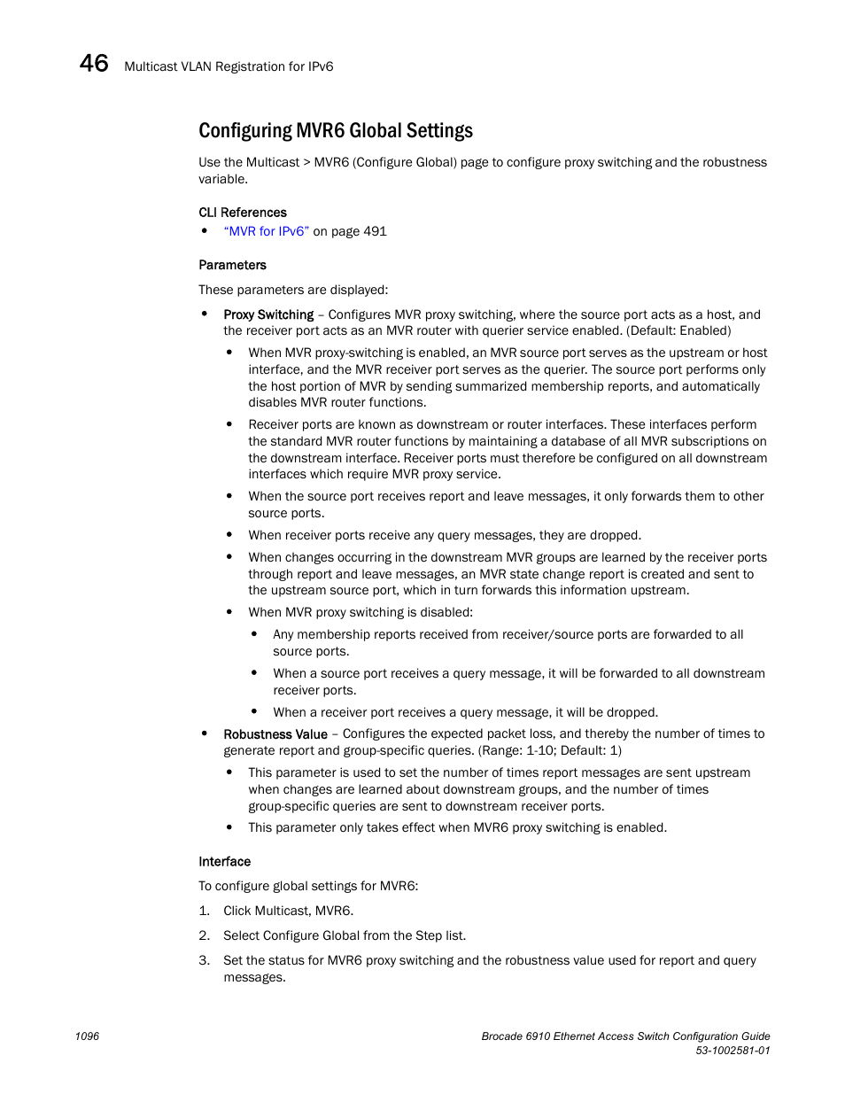 Configuring mvr6 global settings | Brocade Communications Systems Brocate Ethernet Access Switch 6910 User Manual | Page 1146 / 1200