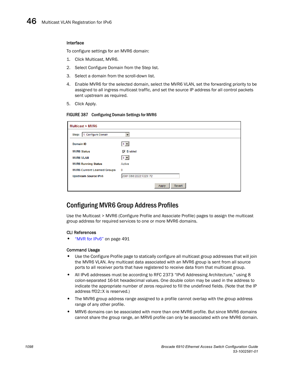 Configuring mvr6 group address profiles, Figure 387 confi, Configuring mvr6 group | Address profiles | Brocade Communications Systems Brocate Ethernet Access Switch 6910 User Manual | Page 1148 / 1200