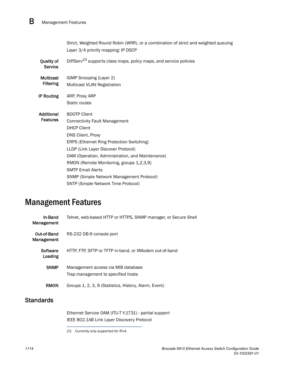 Management features, Standards | Brocade Communications Systems Brocate Ethernet Access Switch 6910 User Manual | Page 1164 / 1200