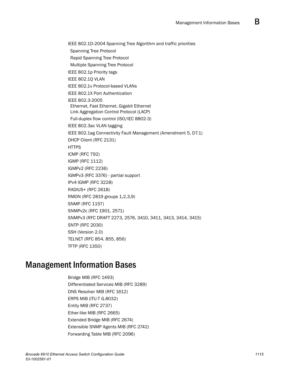 Management information bases | Brocade Communications Systems Brocate Ethernet Access Switch 6910 User Manual | Page 1165 / 1200