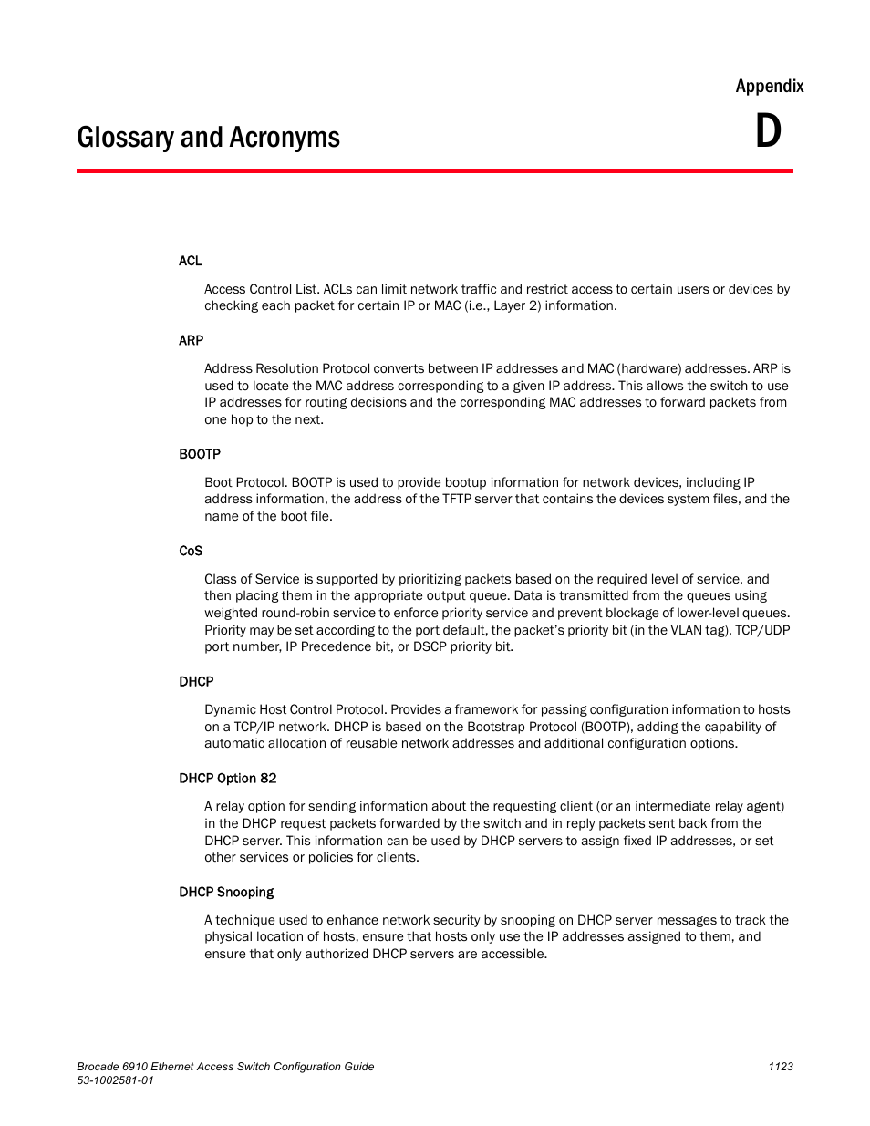 Glossary and acronyms, Appendix d, Glossary and acronyms 3 | Appendix | Brocade Communications Systems Brocate Ethernet Access Switch 6910 User Manual | Page 1173 / 1200