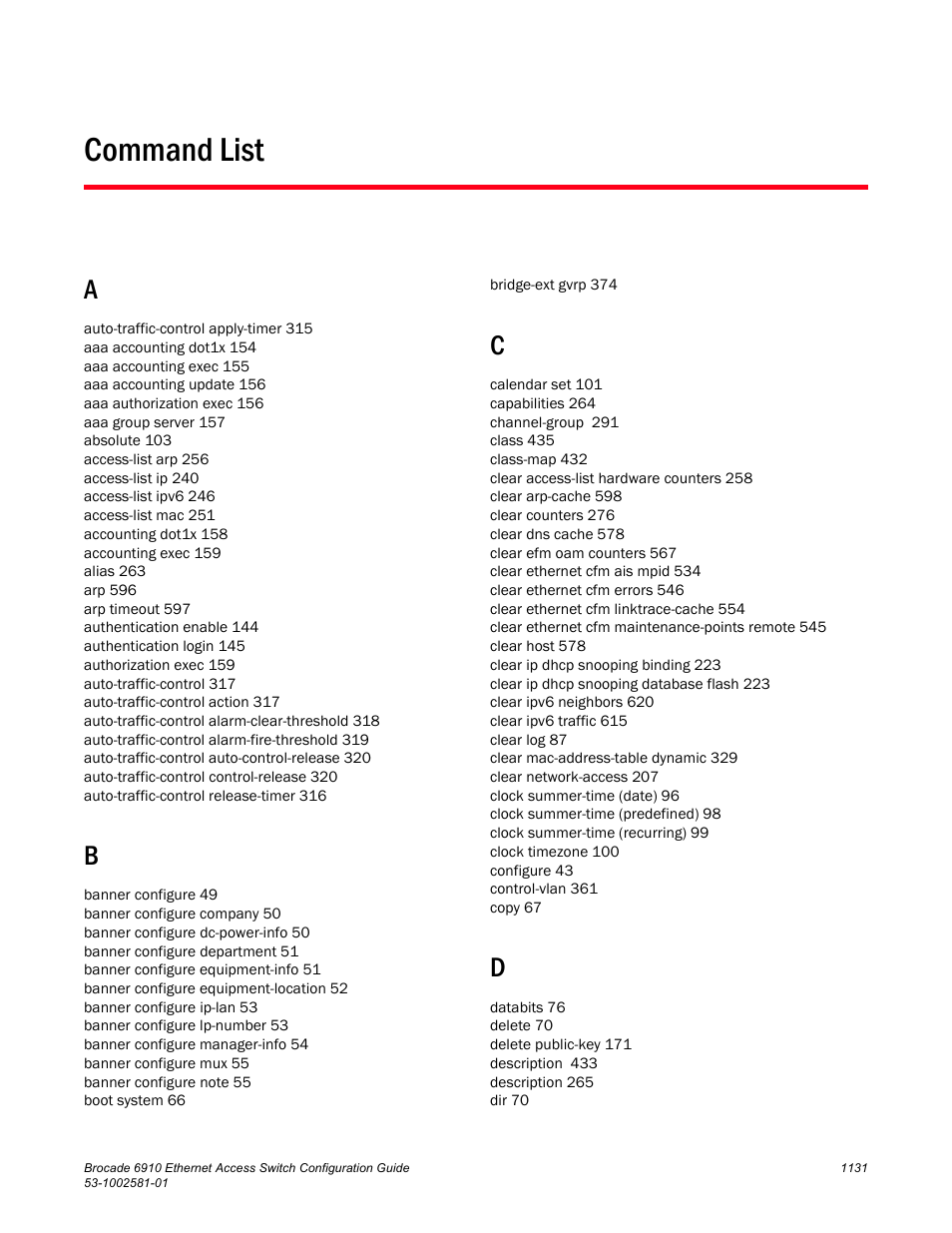 Command list | Brocade Communications Systems Brocate Ethernet Access Switch 6910 User Manual | Page 1181 / 1200