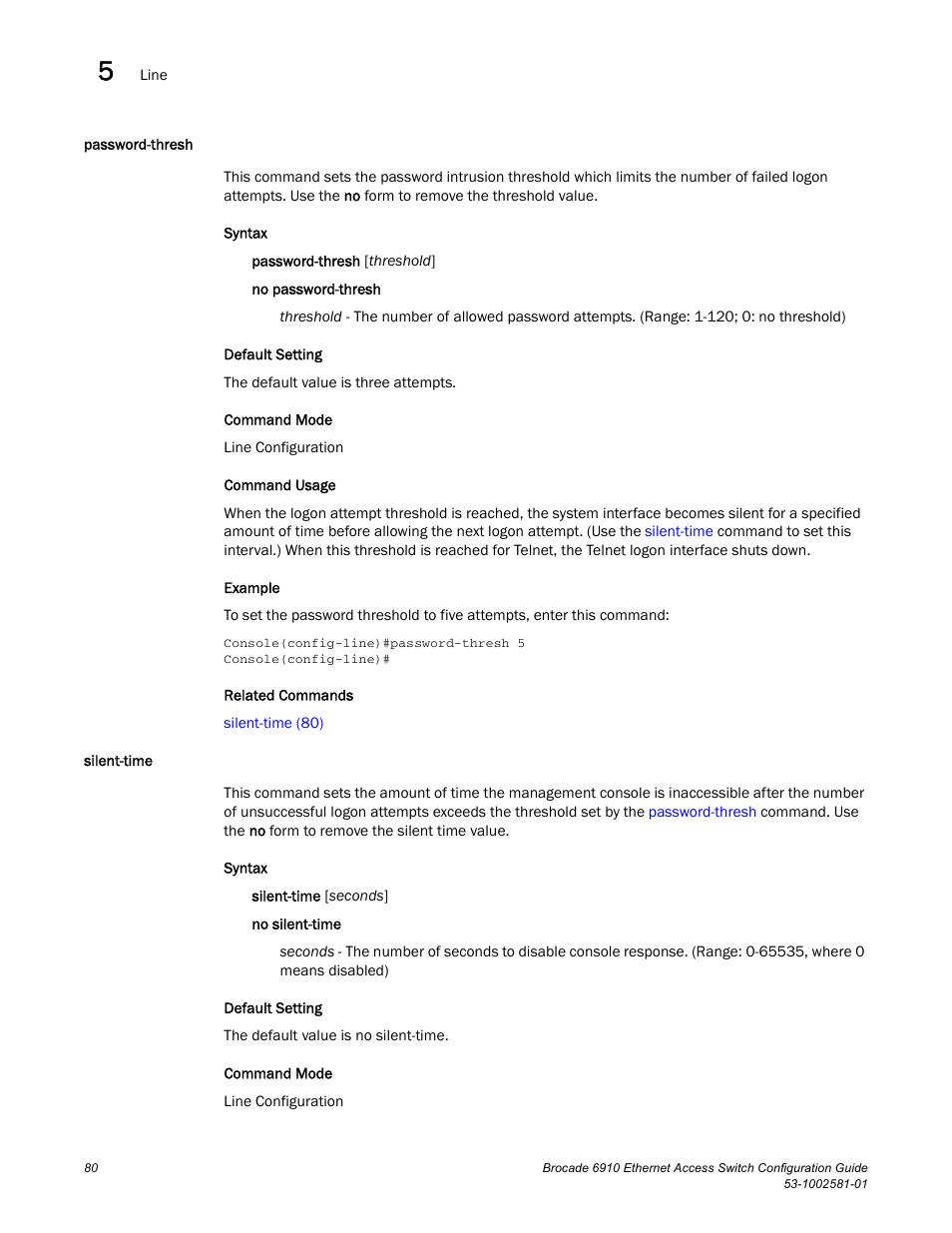 Password-thresh, Silent-time, Password-thresh silent-time | Brocade Communications Systems Brocate Ethernet Access Switch 6910 User Manual | Page 130 / 1200