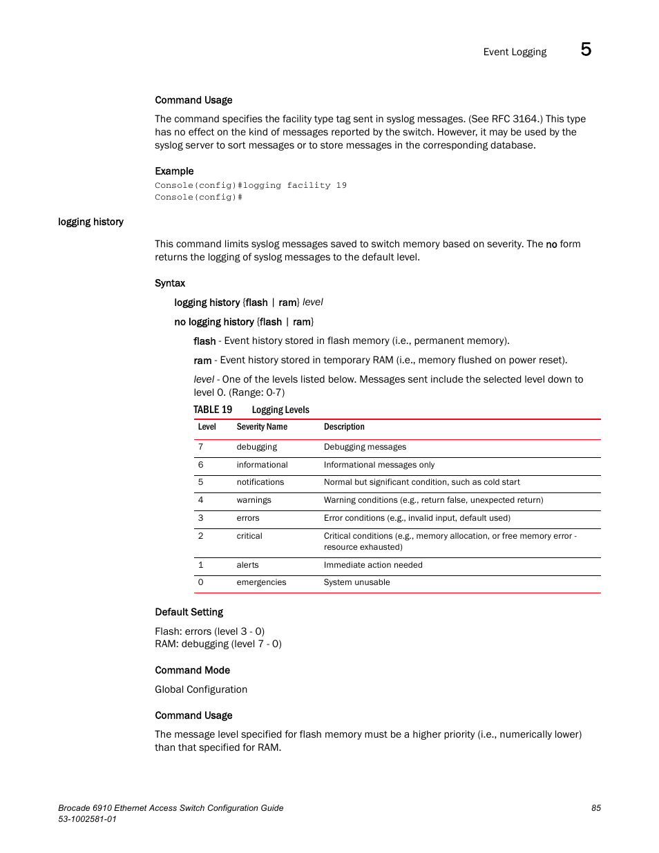 Logging history, Table 19 | Brocade Communications Systems Brocate Ethernet Access Switch 6910 User Manual | Page 135 / 1200