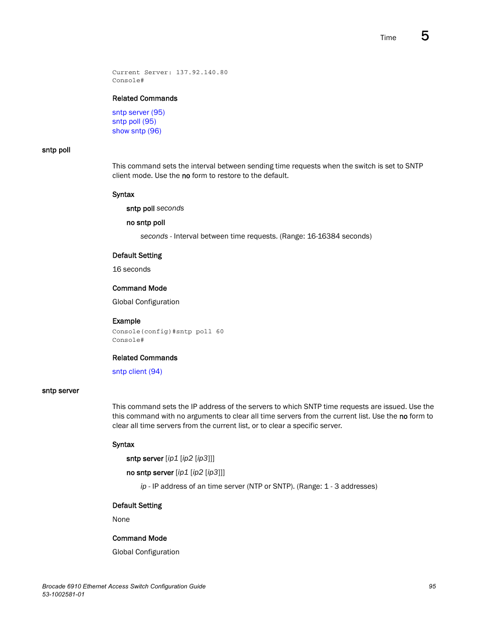 Sntp poll, Sntp server, Sntp poll sntp server | Brocade Communications Systems Brocate Ethernet Access Switch 6910 User Manual | Page 145 / 1200