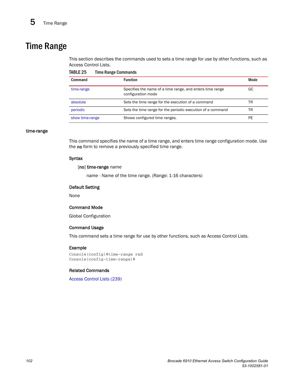 Time range, Time-range, Table 25 | Brocade Communications Systems Brocate Ethernet Access Switch 6910 User Manual | Page 152 / 1200
