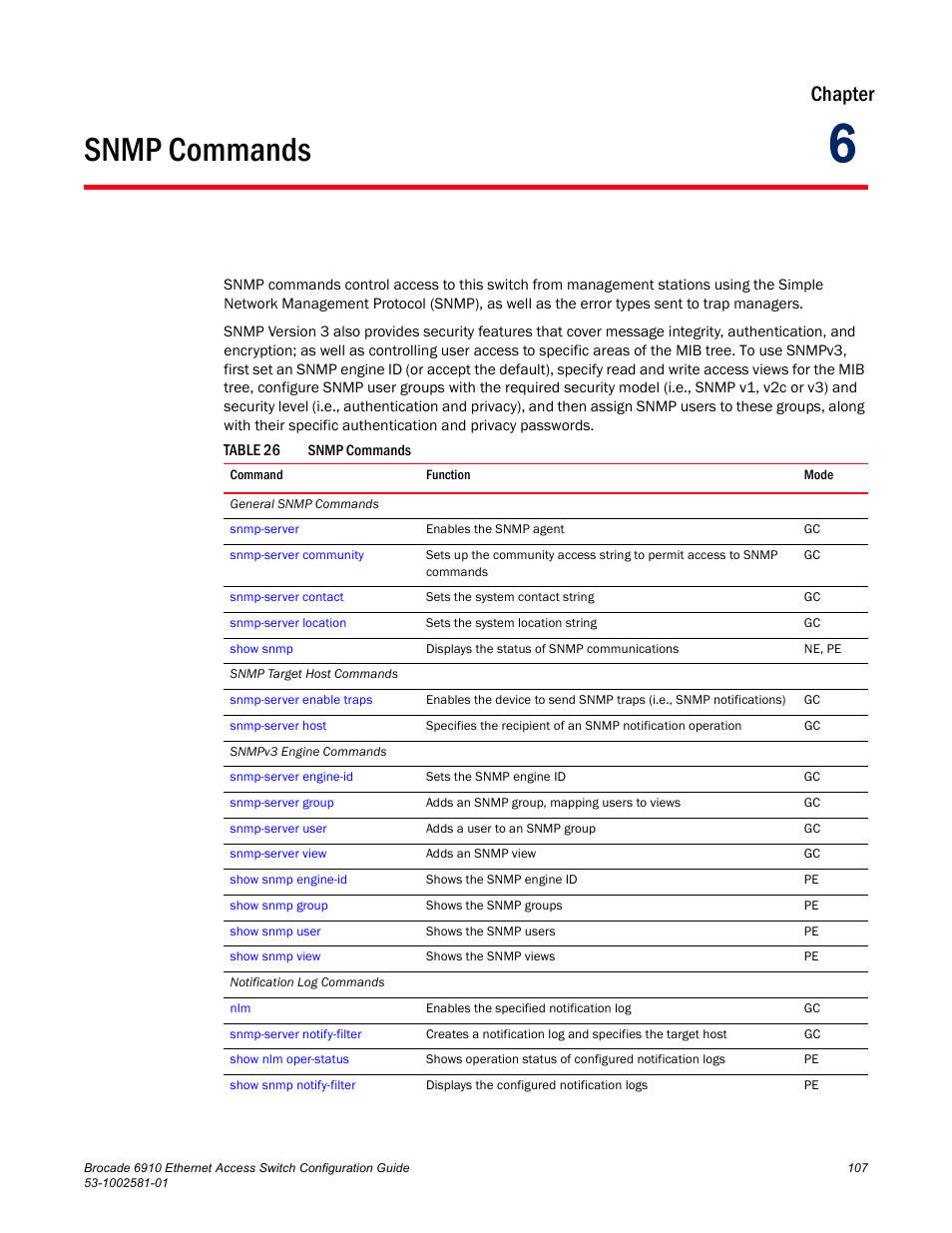 Snmp commands, Chapter 6, Table 26 | Chapter | Brocade Communications Systems Brocate Ethernet Access Switch 6910 User Manual | Page 157 / 1200