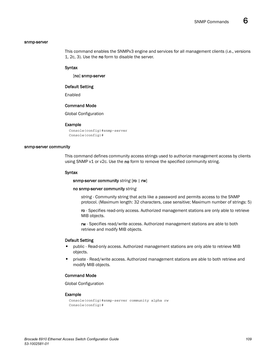 Snmp-server, Snmp-server community, Snmp-server snmp-server community | Brocade Communications Systems Brocate Ethernet Access Switch 6910 User Manual | Page 159 / 1200