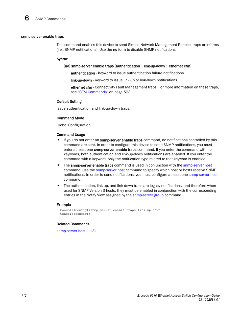 Snmp-server enable traps | Brocade Communications Systems Brocate Ethernet Access Switch 6910 User Manual | Page 162 / 1200