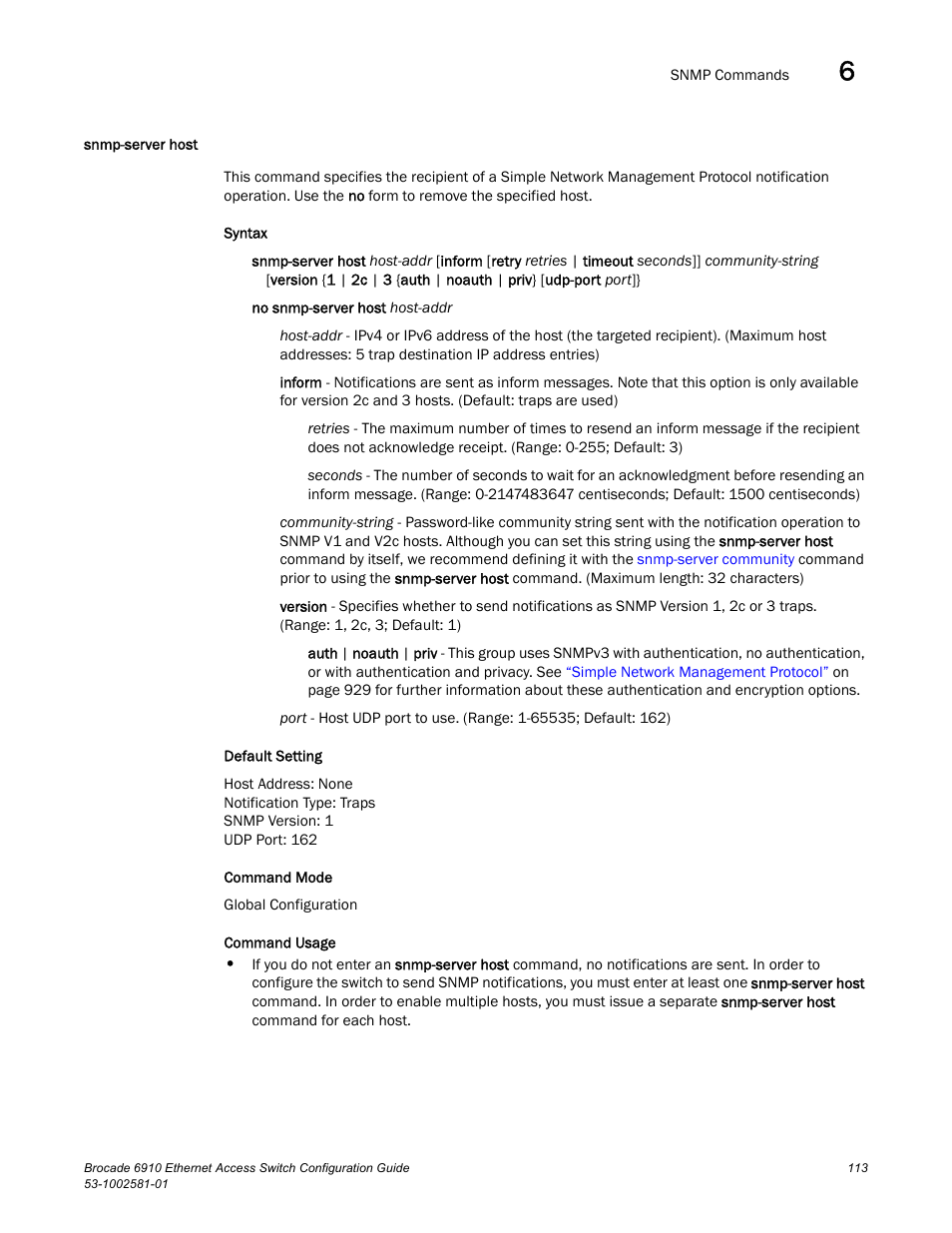 Snmp-server host, Snmp-server host (113) | Brocade Communications Systems Brocate Ethernet Access Switch 6910 User Manual | Page 163 / 1200