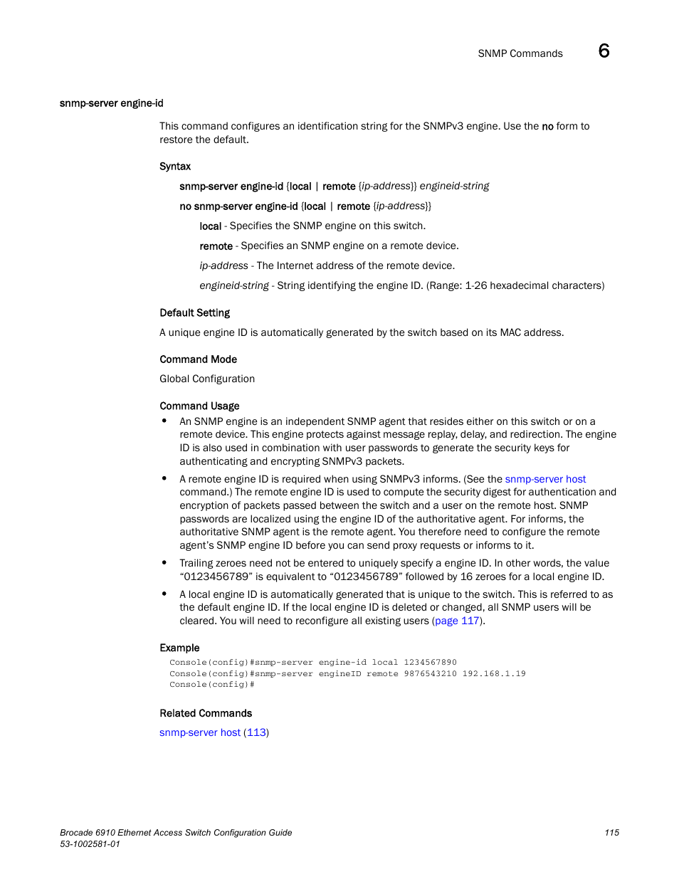 Snmp-server engine-id | Brocade Communications Systems Brocate Ethernet Access Switch 6910 User Manual | Page 165 / 1200