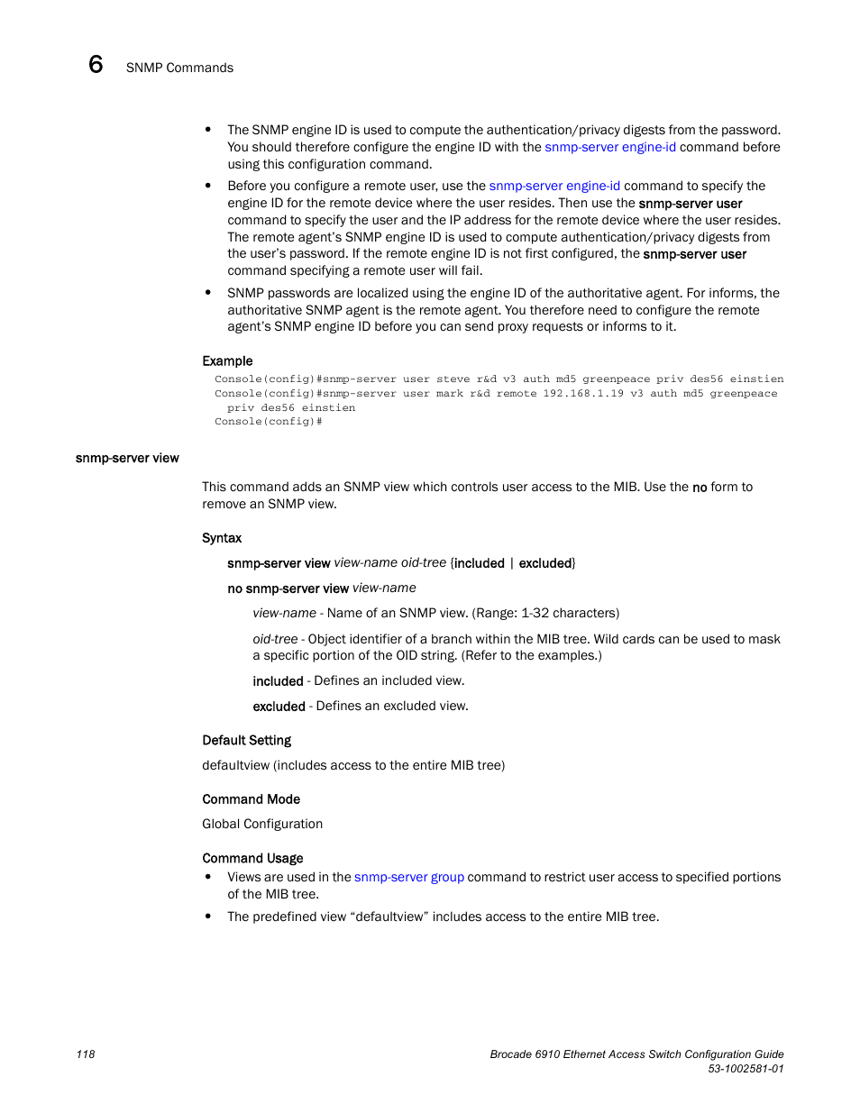 Snmp-server view | Brocade Communications Systems Brocate Ethernet Access Switch 6910 User Manual | Page 168 / 1200