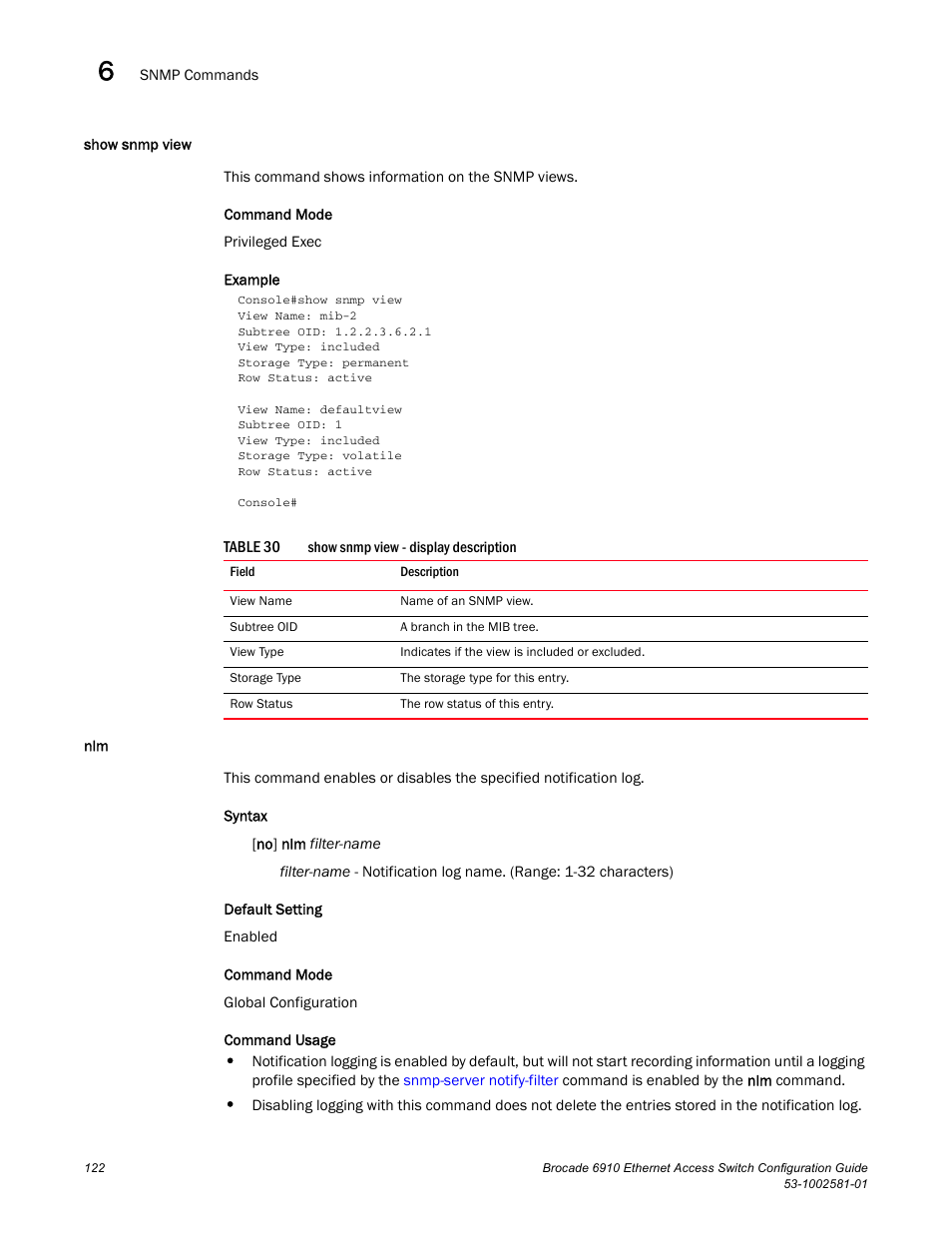 Show snmp view, Show snmp view nlm, Table 30 | Brocade Communications Systems Brocate Ethernet Access Switch 6910 User Manual | Page 172 / 1200