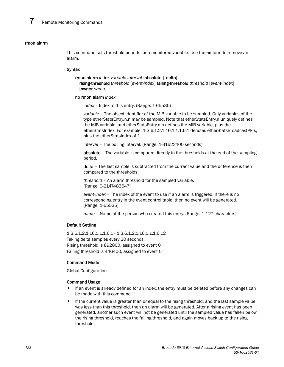 Rmon alarm | Brocade Communications Systems Brocate Ethernet Access Switch 6910 User Manual | Page 178 / 1200