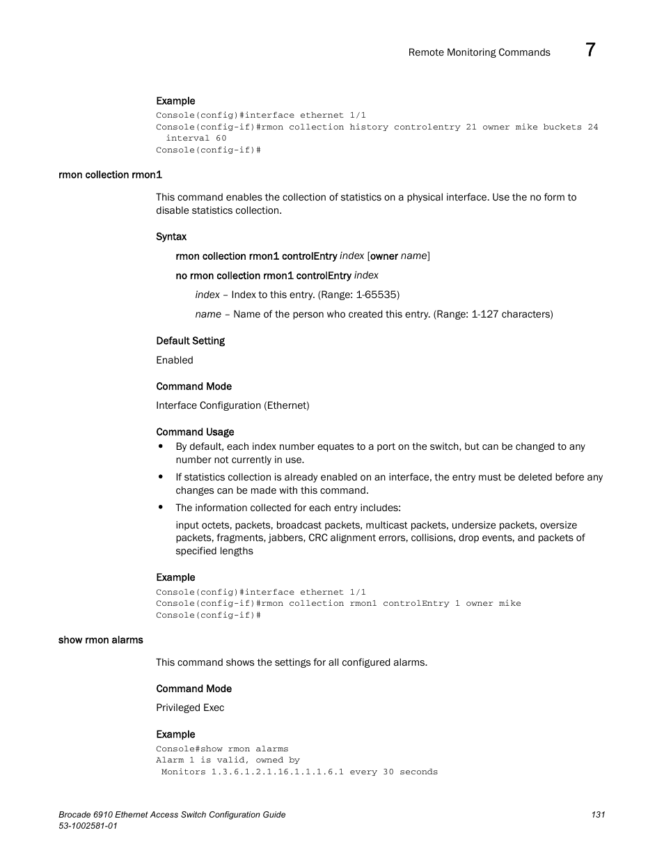 Rmon collection rmon1, Show rmon alarms, Rmon collection rmon1 show rmon alarms | Brocade Communications Systems Brocate Ethernet Access Switch 6910 User Manual | Page 181 / 1200