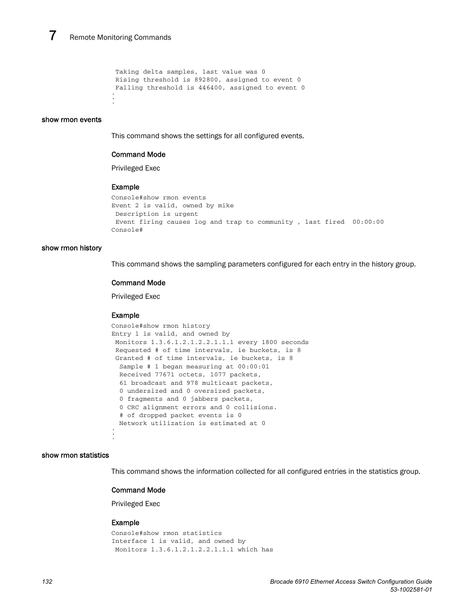 Show rmon events, Show rmon history, Show rmon statistics | Brocade Communications Systems Brocate Ethernet Access Switch 6910 User Manual | Page 182 / 1200