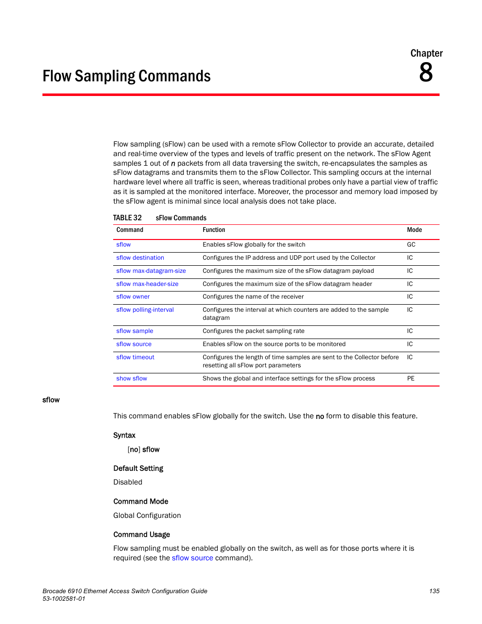 Flow sampling commands, Sflow, Chapter 8 | Table 32, Chapter | Brocade Communications Systems Brocate Ethernet Access Switch 6910 User Manual | Page 185 / 1200