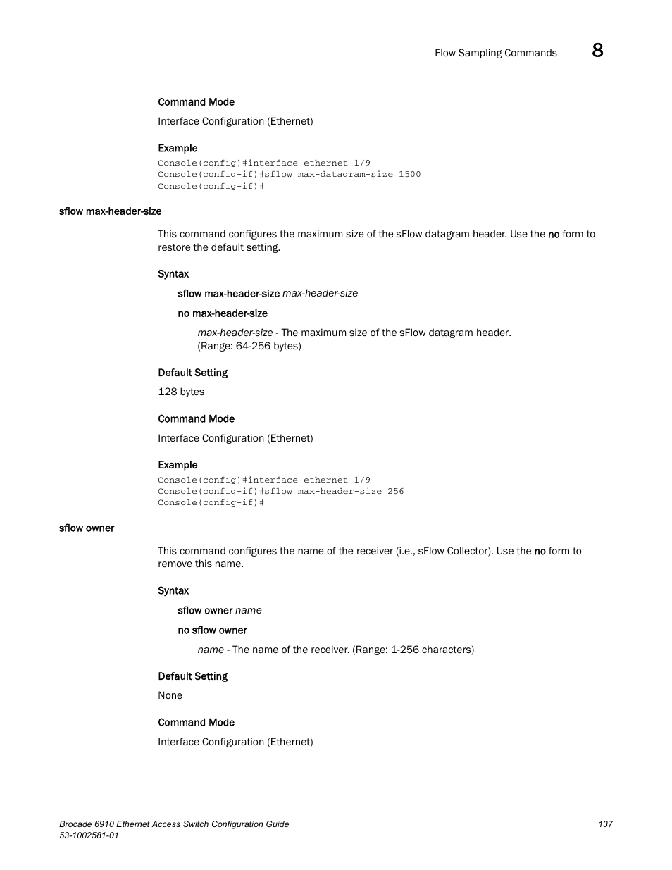 Sflow max-header-size, Sflow owner, Sflow max-header-size sflow owner | Brocade Communications Systems Brocate Ethernet Access Switch 6910 User Manual | Page 187 / 1200