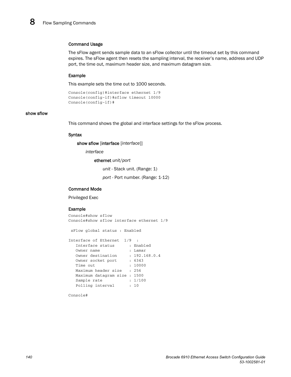 Show sflow | Brocade Communications Systems Brocate Ethernet Access Switch 6910 User Manual | Page 190 / 1200