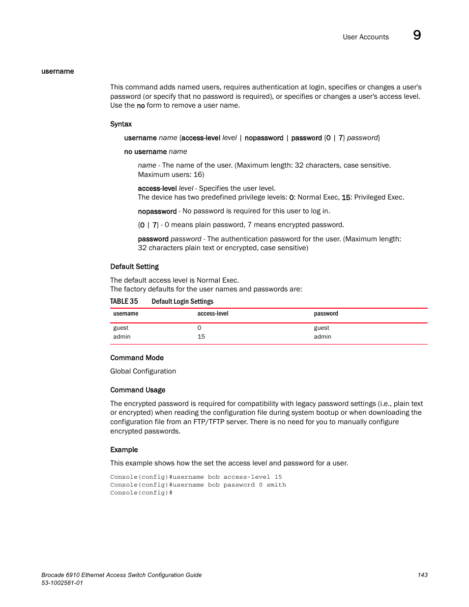Username, Table 35, Comm | Username (143) | Brocade Communications Systems Brocate Ethernet Access Switch 6910 User Manual | Page 193 / 1200