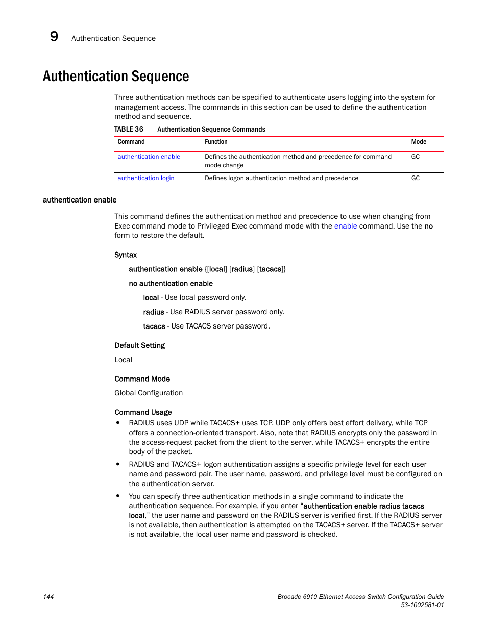 Authentication sequence, Authentication enable, Table 36 | Authentication enable (144) | Brocade Communications Systems Brocate Ethernet Access Switch 6910 User Manual | Page 194 / 1200