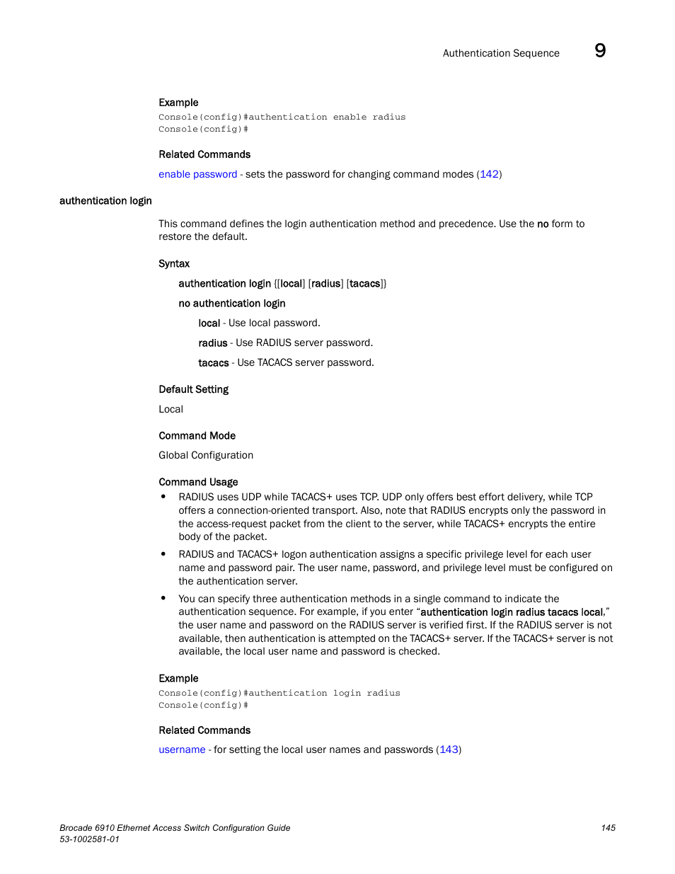 Authentication login | Brocade Communications Systems Brocate Ethernet Access Switch 6910 User Manual | Page 195 / 1200