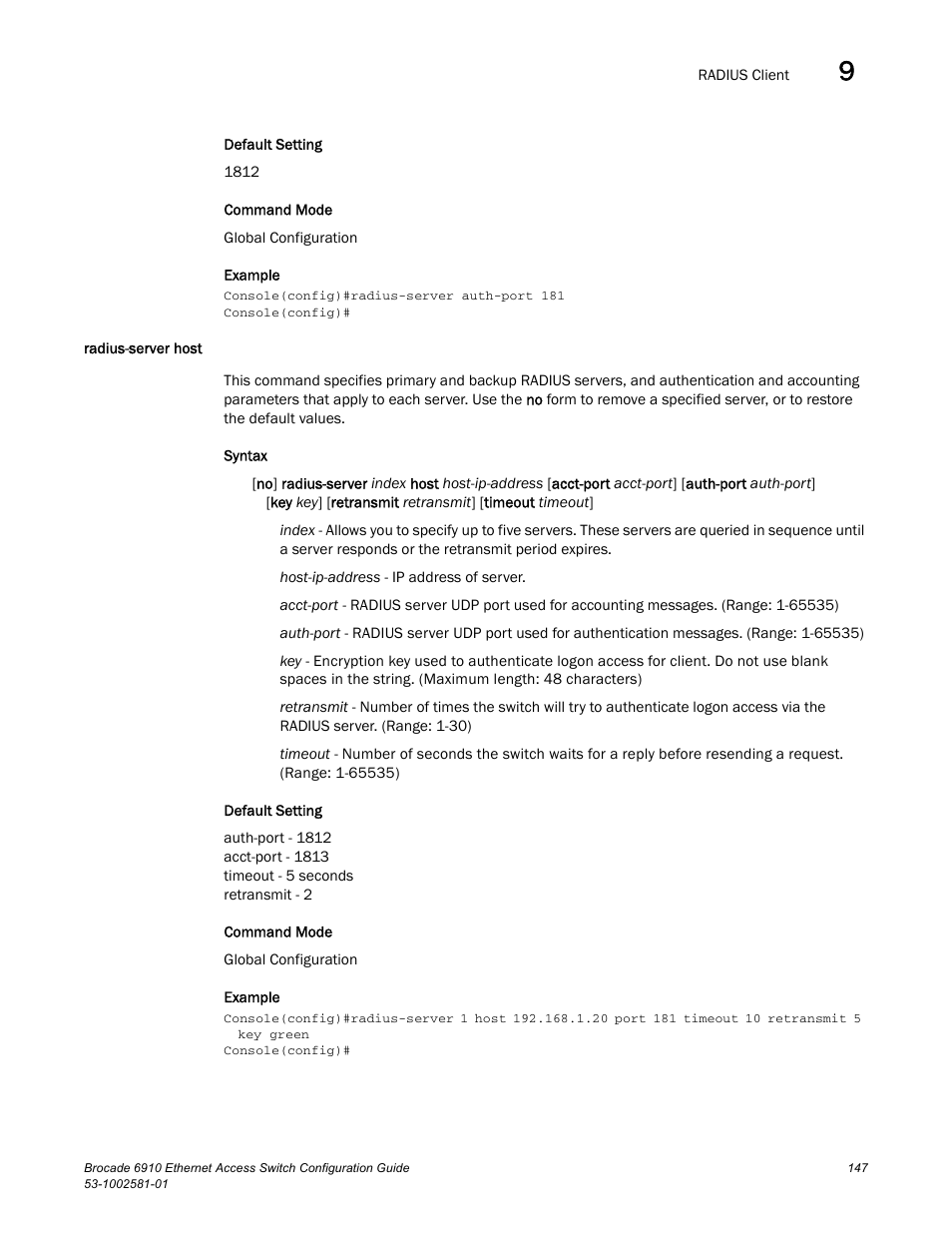 Radius-server host | Brocade Communications Systems Brocate Ethernet Access Switch 6910 User Manual | Page 197 / 1200