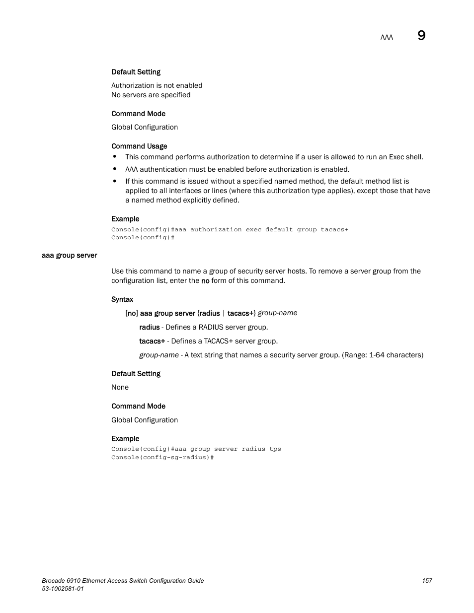 Aaa group server, Aaa group, Server | Brocade Communications Systems Brocate Ethernet Access Switch 6910 User Manual | Page 207 / 1200