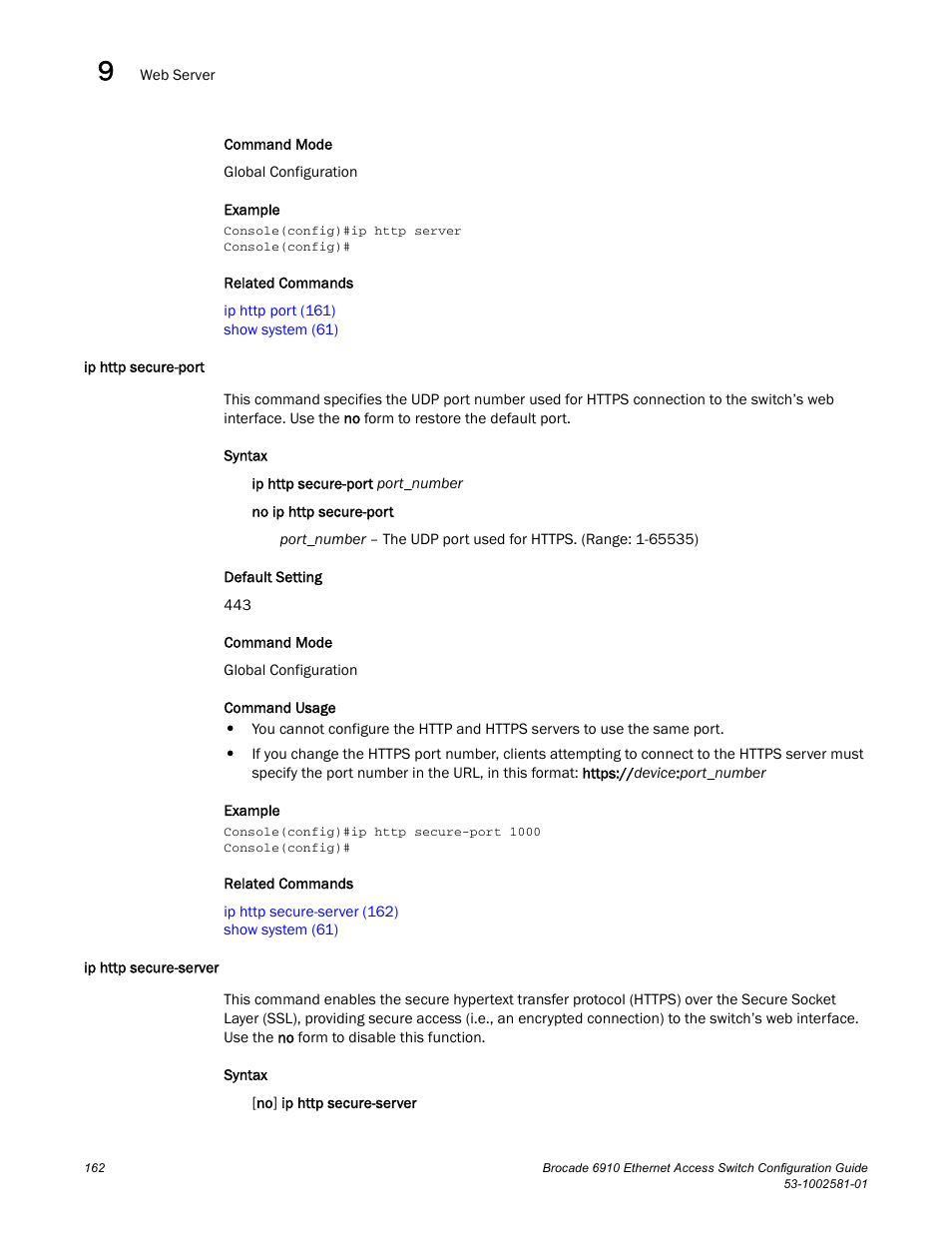 Ip http secure-port, Ip http secure-server, Ip http secure-port ip http secure-server | Brocade Communications Systems Brocate Ethernet Access Switch 6910 User Manual | Page 212 / 1200