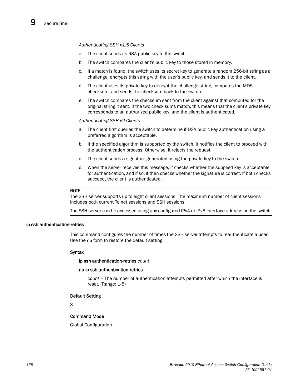 Ip ssh authentication-retries | Brocade Communications Systems Brocate Ethernet Access Switch 6910 User Manual | Page 218 / 1200