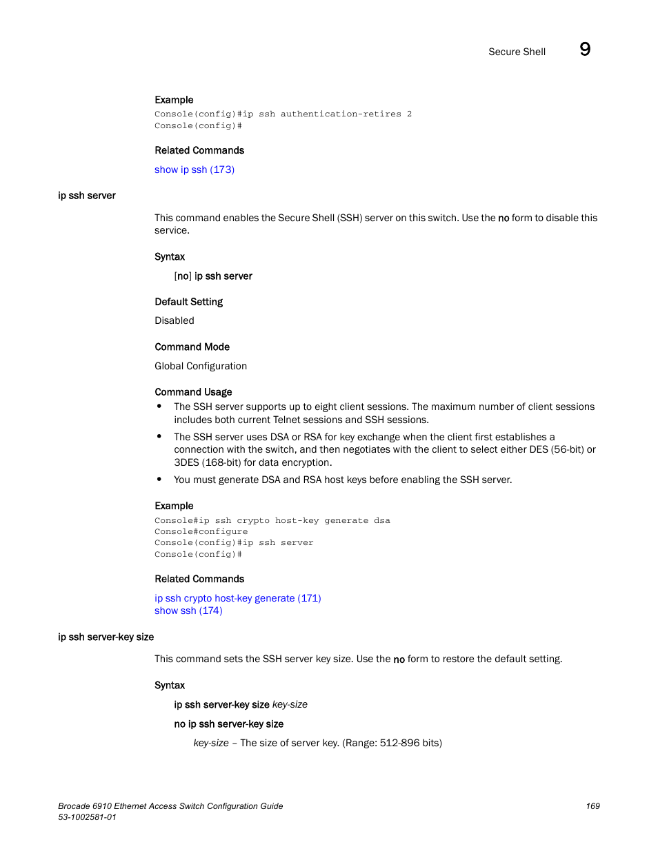 Ip ssh server, Ip ssh server-key size, Ip ssh server ip ssh server-key size | Brocade Communications Systems Brocate Ethernet Access Switch 6910 User Manual | Page 219 / 1200