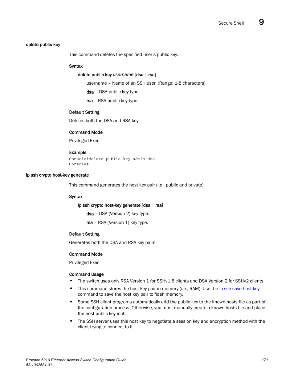 Delete public-key, Ip ssh crypto host-key generate, Delete public-key ip ssh crypto host-key generate | Brocade Communications Systems Brocate Ethernet Access Switch 6910 User Manual | Page 221 / 1200