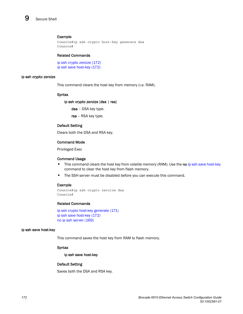 Ip ssh crypto zeroize, Ip ssh save host-key, Ip ssh crypto zeroize ip ssh save host-key | Brocade Communications Systems Brocate Ethernet Access Switch 6910 User Manual | Page 222 / 1200