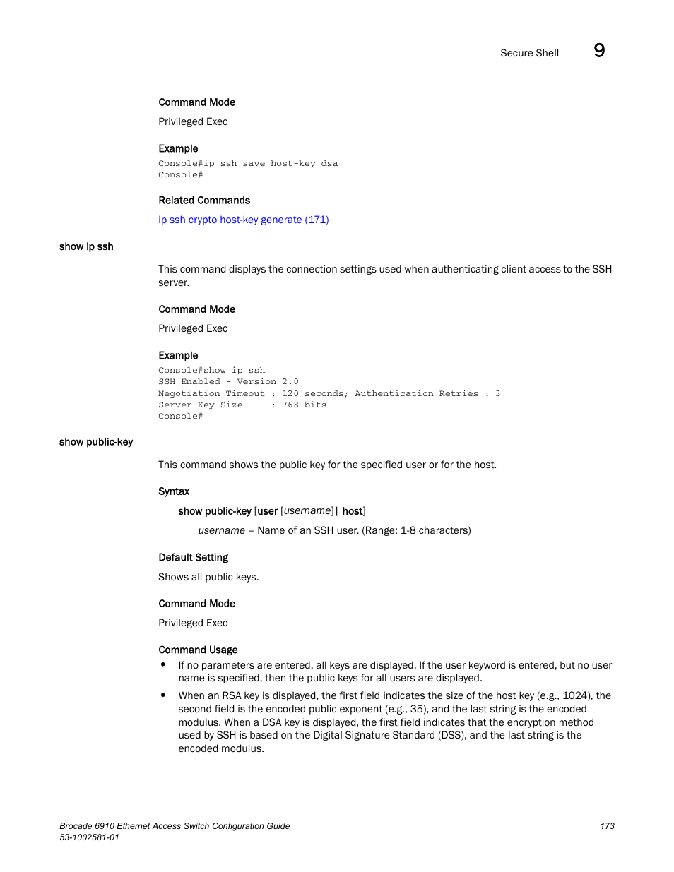 Show ip ssh, Show public-key, Show ip ssh show public-key | Show ip ssh (173) | Brocade Communications Systems Brocate Ethernet Access Switch 6910 User Manual | Page 223 / 1200