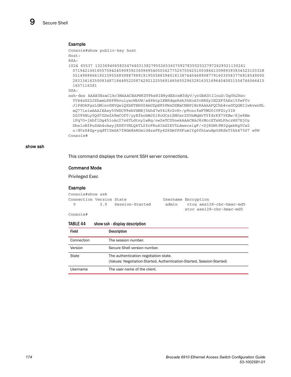Show ssh, Table 44 | Brocade Communications Systems Brocate Ethernet Access Switch 6910 User Manual | Page 224 / 1200