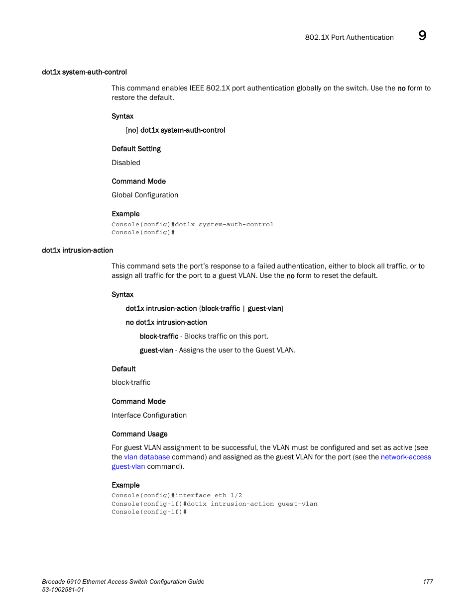 Dot1x system-auth-control, Dot1x intrusion-action, Dot1x system-auth-control dot1x intrusion-action | Brocade Communications Systems Brocate Ethernet Access Switch 6910 User Manual | Page 227 / 1200