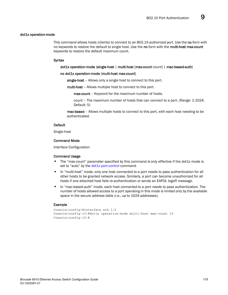 Dot1x operation-mode | Brocade Communications Systems Brocate Ethernet Access Switch 6910 User Manual | Page 229 / 1200