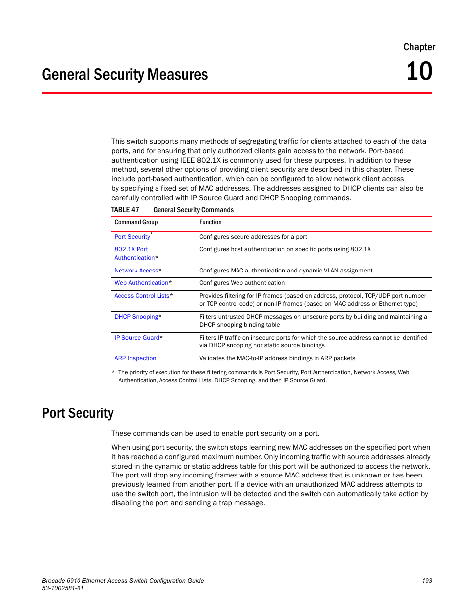 General security measures, Port security, Chapter 10 | Table 47, Chapter | Brocade Communications Systems Brocate Ethernet Access Switch 6910 User Manual | Page 243 / 1200
