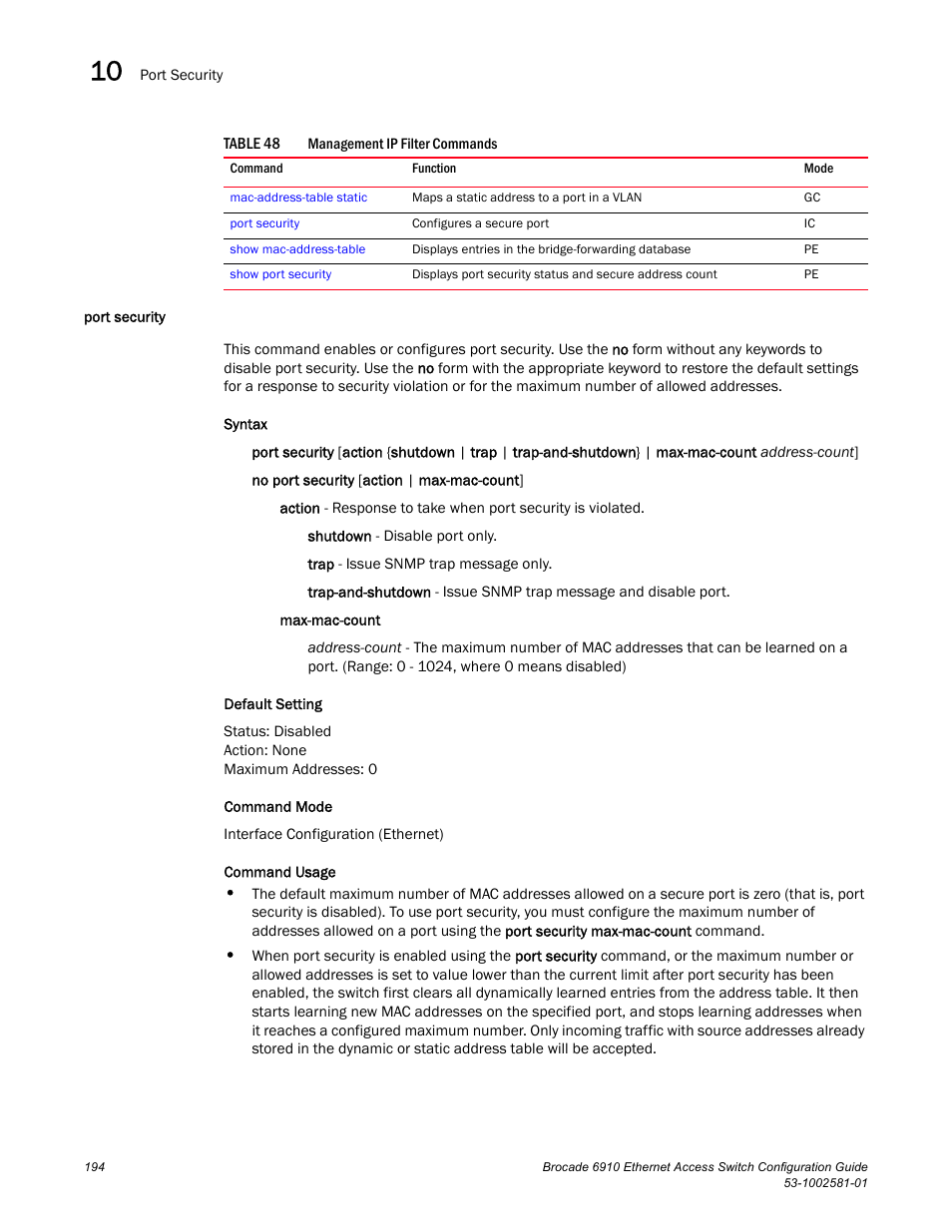 Port security, Table 48 | Brocade Communications Systems Brocate Ethernet Access Switch 6910 User Manual | Page 244 / 1200
