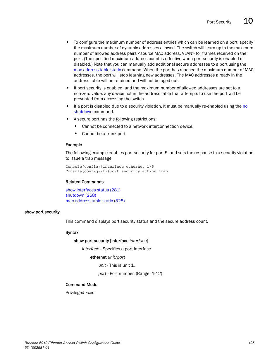 Show port security | Brocade Communications Systems Brocate Ethernet Access Switch 6910 User Manual | Page 245 / 1200
