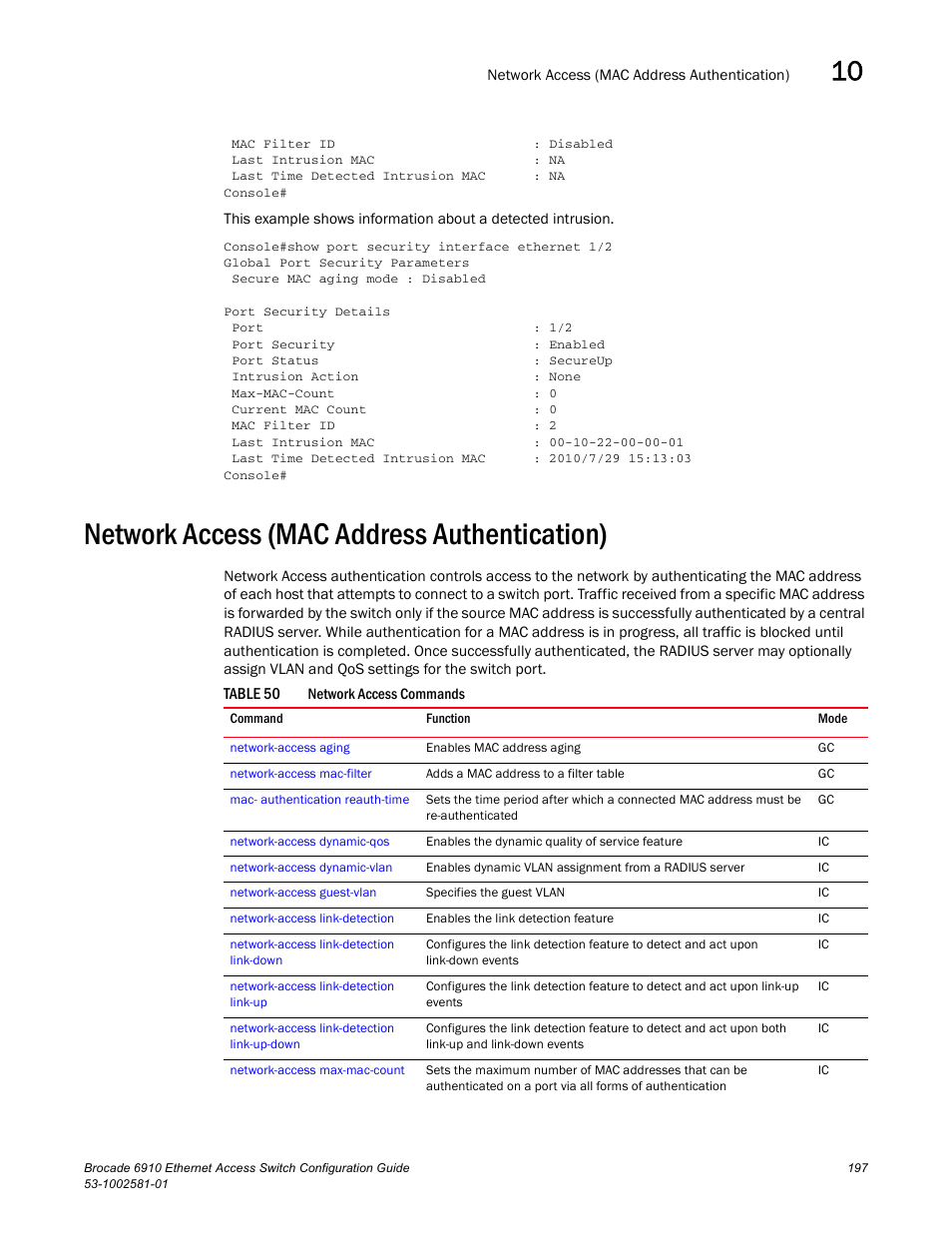 Network access (mac address authentication), Table 50, Network access | Brocade Communications Systems Brocate Ethernet Access Switch 6910 User Manual | Page 247 / 1200